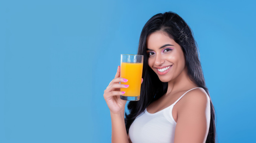 An Indian woman holding an orange juice glass against a blue background