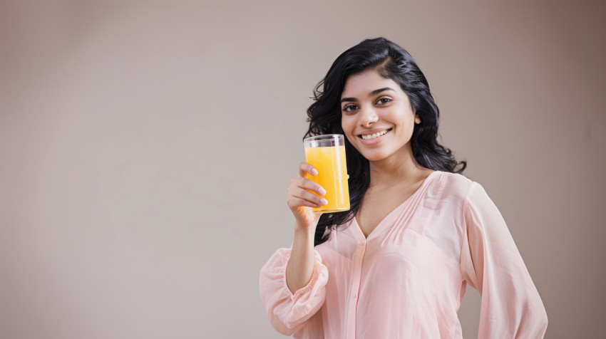 An Indian woman with black hair and fair skin holding an orange juice glass on white background