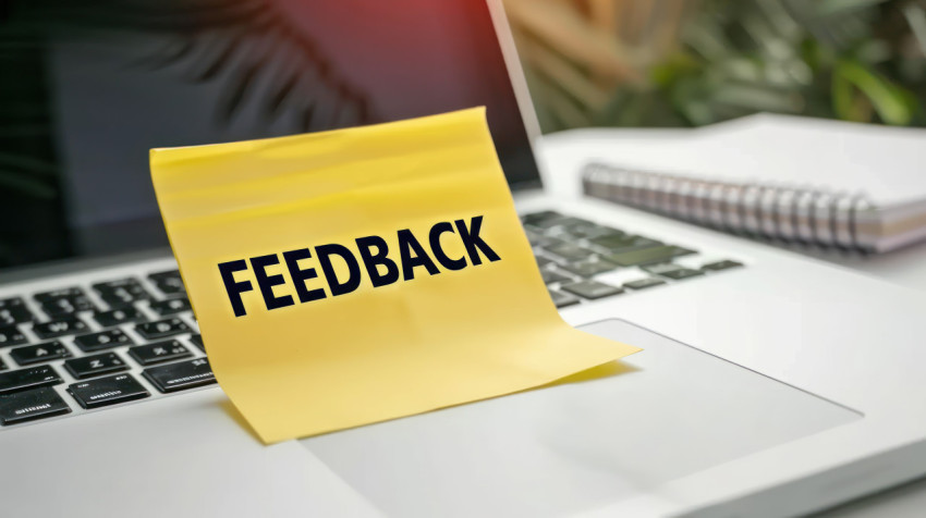 Yellow sticky note with the word feedback next to an open laptop