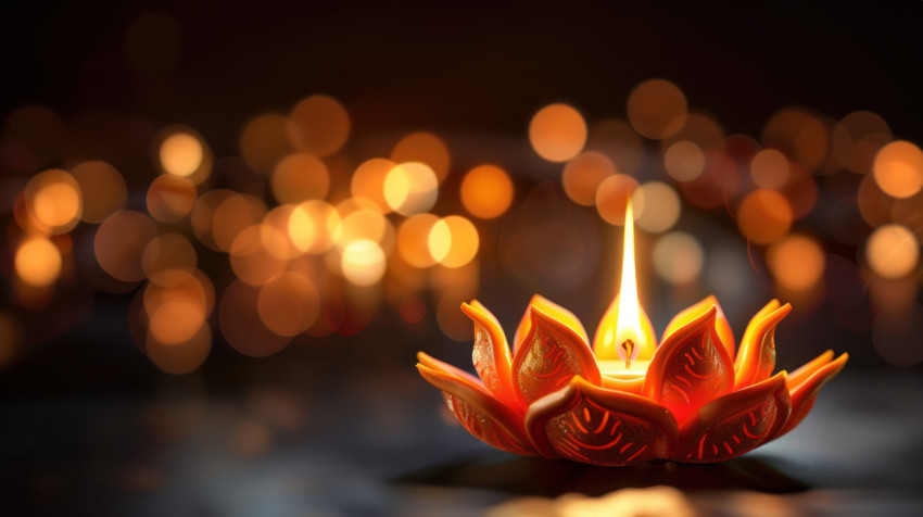 A lotus shaped candle glowing brightly against a dark background celebrating diwali