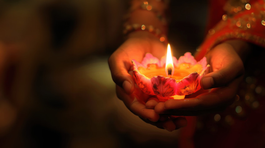 Close up of two hands holding an indian diya lamp shaped like a lotus flower with a burning flame inside