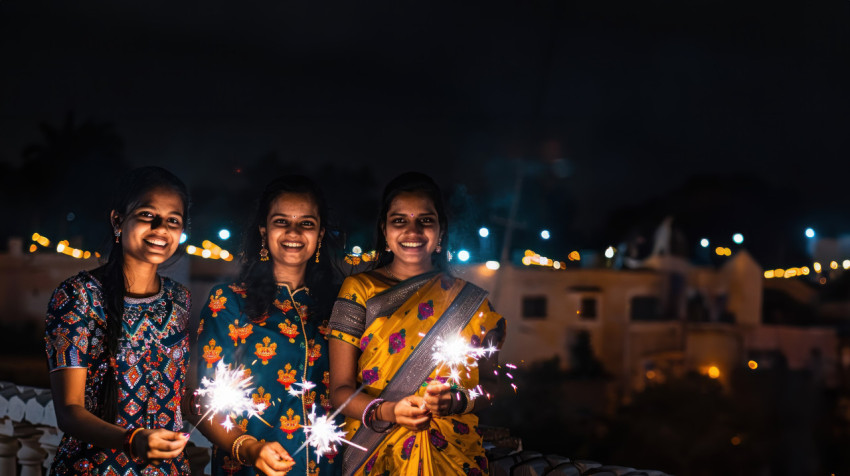 Three indian women in colorful kurtis and sarees smiling while holding sparklers at night celebrating diwali