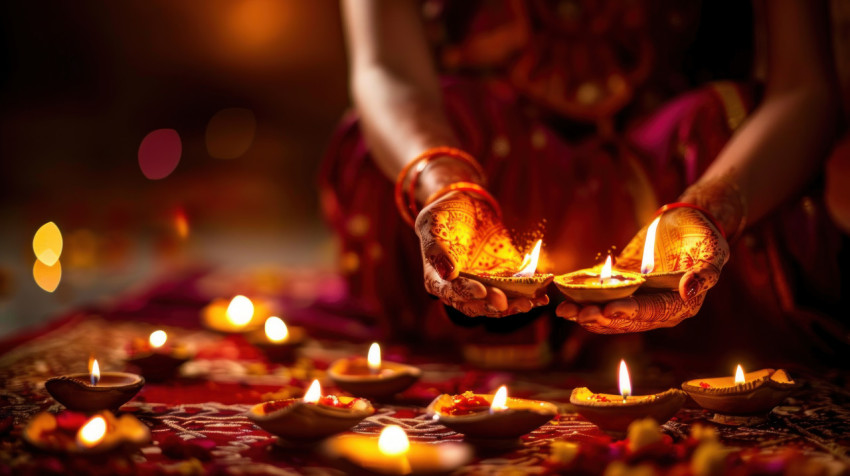 Woman holding an oil lamp in her hands during the hindu festival of diwali celebrating the festival of lights