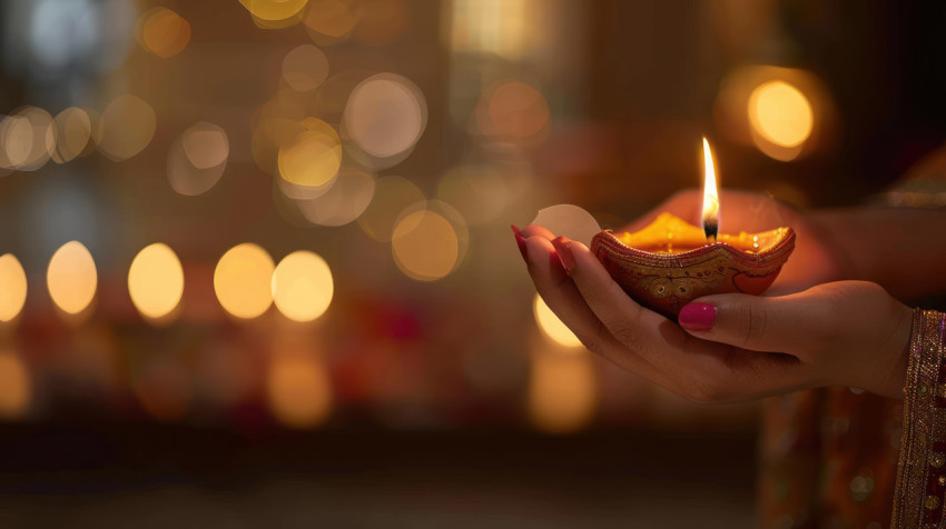 Close up of hands holding a lamp for diwali celebration with a blurred background festival of light