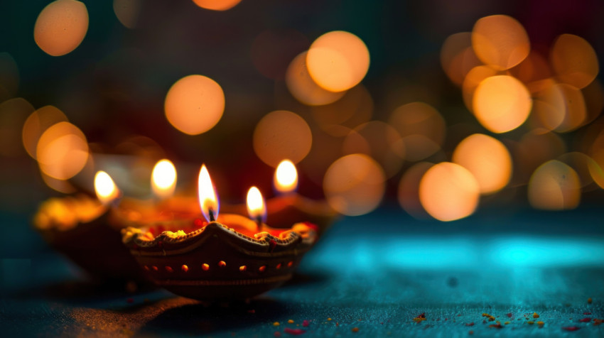 Diwali lights and bokeh on a blue background with candles and lamps celebrating diwali