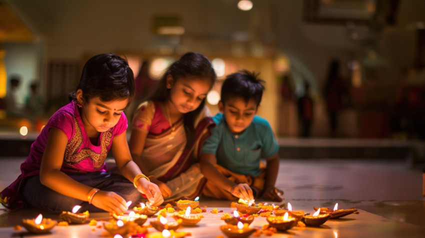 A children creating diya lights on the floor during diwali representing family and cultural traditions celebrating