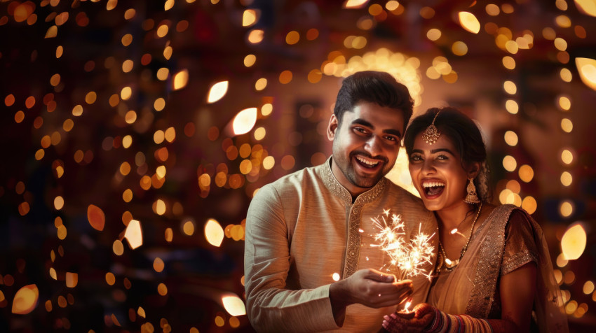 Indian couple celebrating diwali surrounded by lights and sparklers smiling at the camera festival of lights