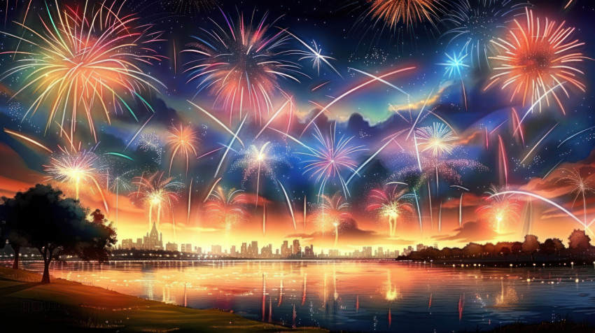 Colorful fireworks lighting up the night sky over an urban lake creating a breathtaking scene during diwali