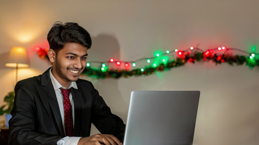 A young indian man in formal attire smiling while typing on his laptop with green and red lights in the background