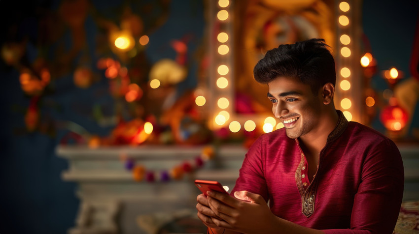 An indian man smiling while looking at his phone enjoying the festive moments of diwali