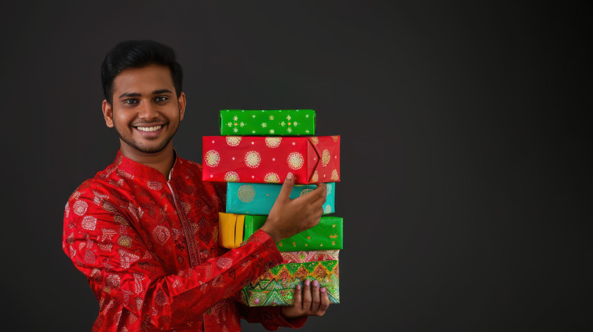 A man holding colorful gift boxes for diwali isolated against a black background showcasing festive presents