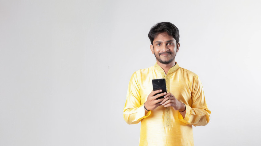 An Indian man in a yellow kurti showing his phone screen to the camera while standing against a white background
