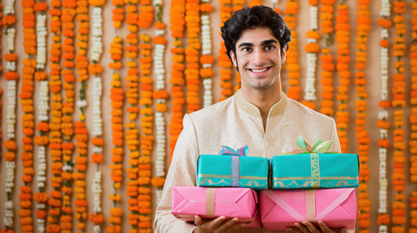 A handsome young indian man in an elegant cream colored kurti holding three wrapped gifts celebrating diwali with festive presents