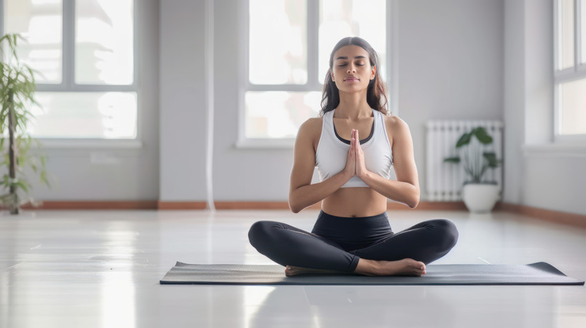 An Indian woman in yoga attire sitting on the floor doing a meditation pose