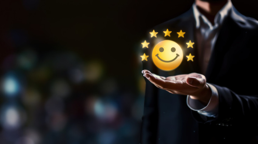 Businessman holding yellow smiley face icon with six stars on dark background representing customer satisfaction and feedback