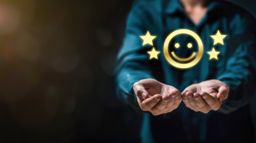 Man holding four stars and smiley face icon on dark background rating customer satisfaction