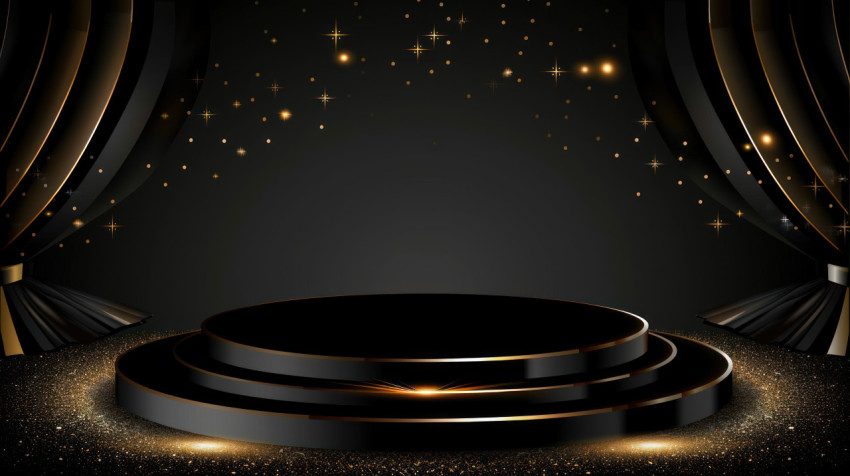 Black podium with golden shimmer for product presentation set against a black and gold background representing black friday sales