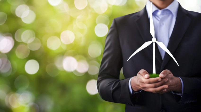 Businessman in suit holding wind turbine icon on blurred green background promoting sustainable energy and eco friendly solutions