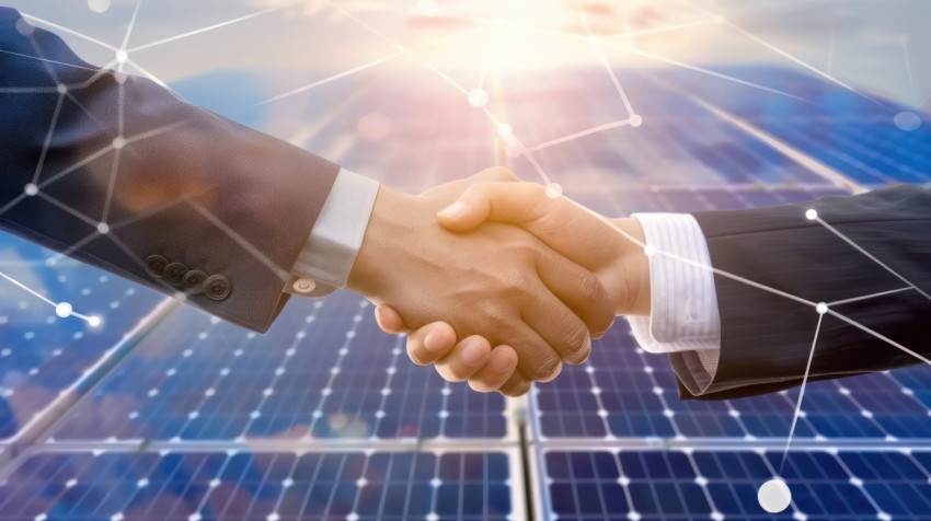 Two businesspeople shaking hands with solar panels in the background