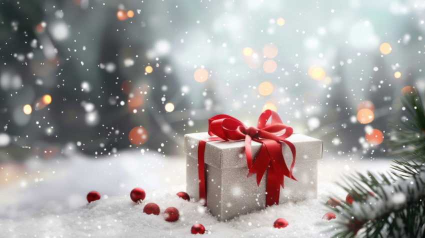 Christmas present box with red ribbon and bow placed on snow blurred background festive gift winter holiday