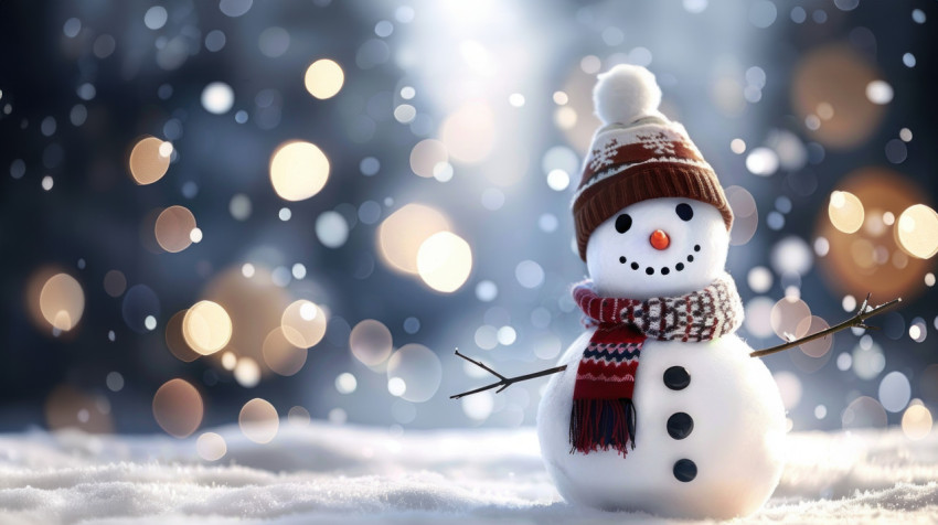 A cute snowman wearing a scarf and hat standing in white bokeh background festive decoration winter holiday scene