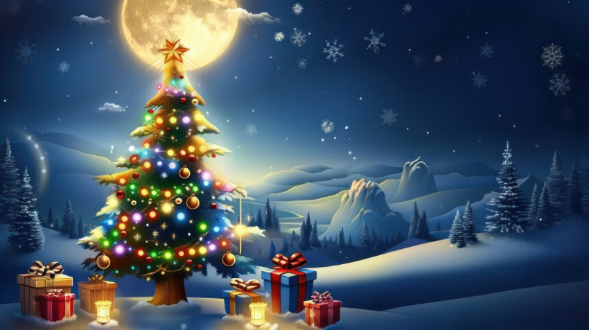 Beautiful christmas background with moon shining brightly in the sky festive night scene