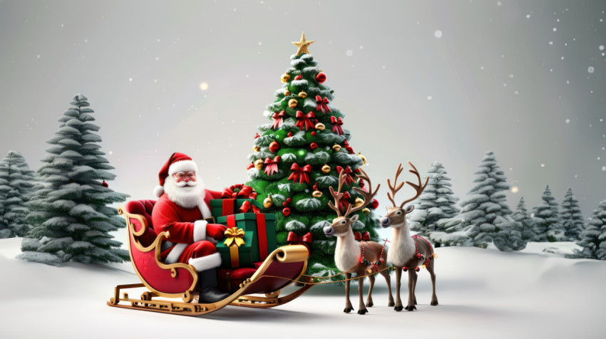 3d vector illustration of santa claus sitting in sleigh with reindeer and christmas tree full of gifts on white background festive scene holiday cheer