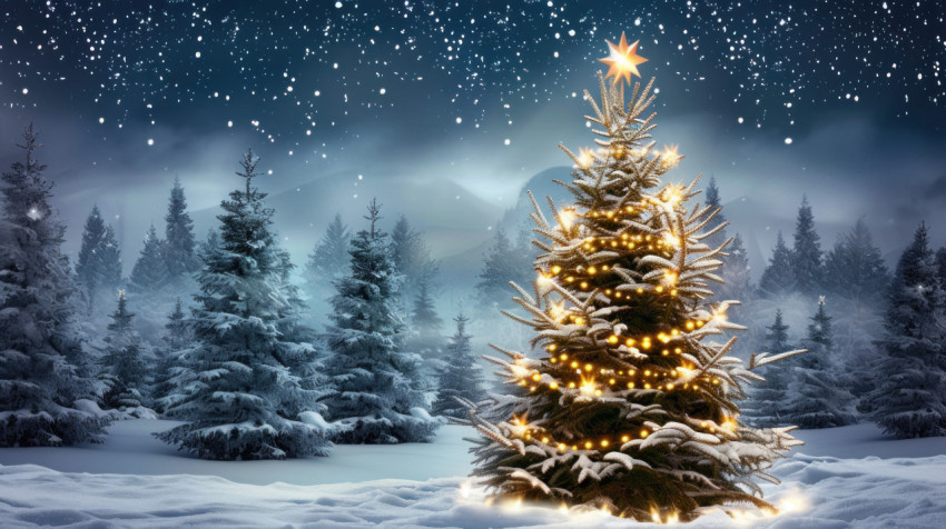 Christmas tree in the snow surrounded pine trees adorned with twinkling lights festive winter scene