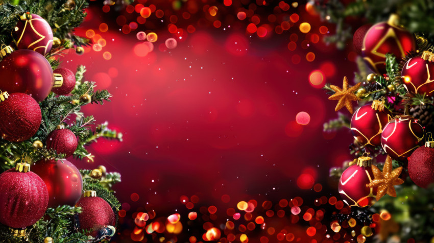 Red christmas ornaments and decorations on a background with blank space festive holiday