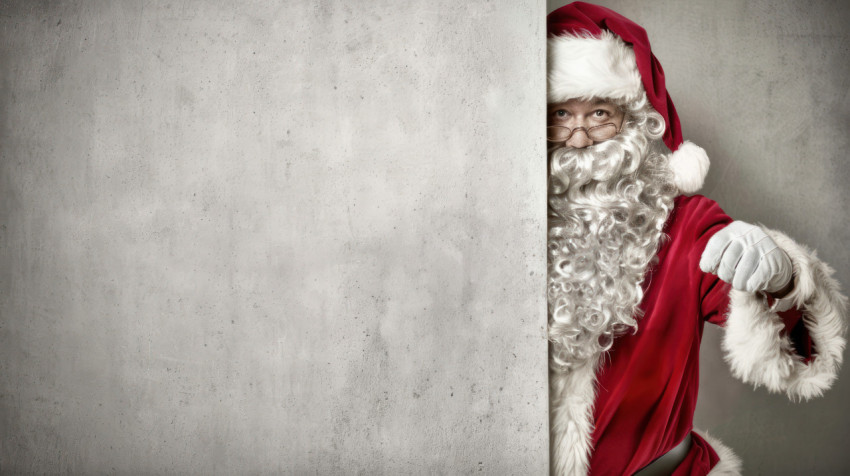 Santa claus peeking from behind a wall pointing to an empty white banner for text festive holiday