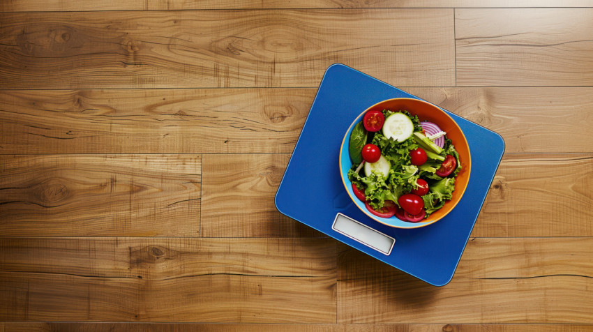 Blue digital bathroom scale and salad on wooden surface