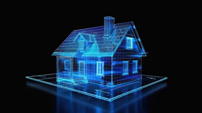 Blue glowing holographic wireframe house on black background showing real estate concept