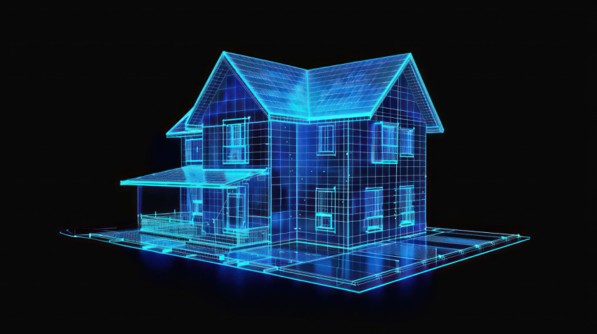 Blue glowing wireframe home on black background futuristic real estate concept