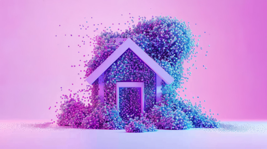 Tiny purple and blue particles house concept of real estate investment