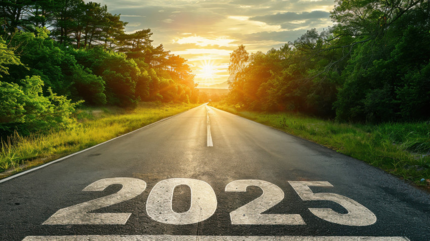 Road stretching into the distance with a large 2025 and an arrow pointing forward