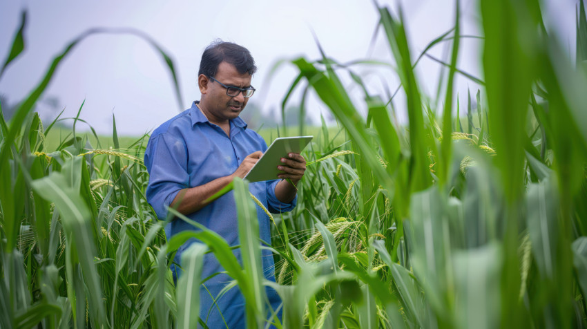 Indian man standing amidst tall green grass holding a tablet sustainability theme