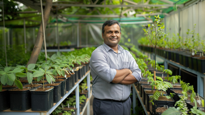 Indian man standing inside an indoor greenhouse filled with plants and trees sustainability theme