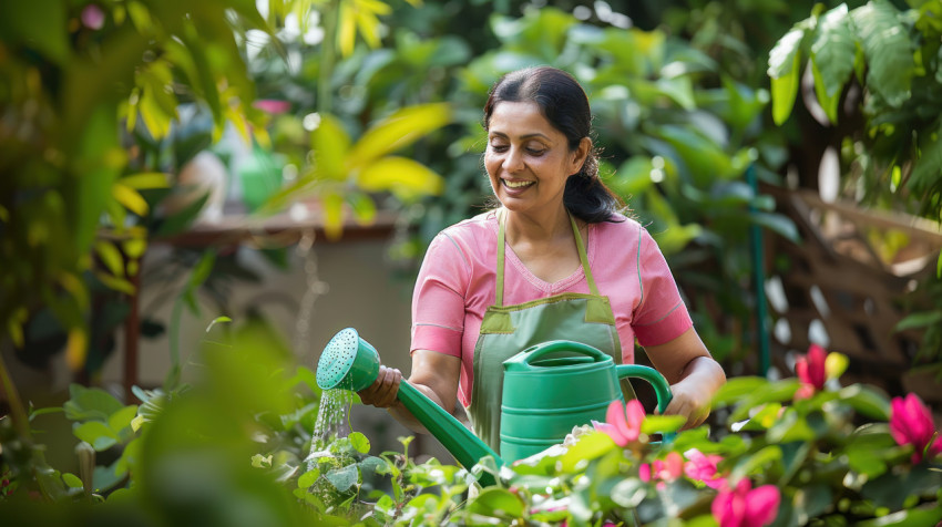 Indian woman watering plants in her garden sustainability theme