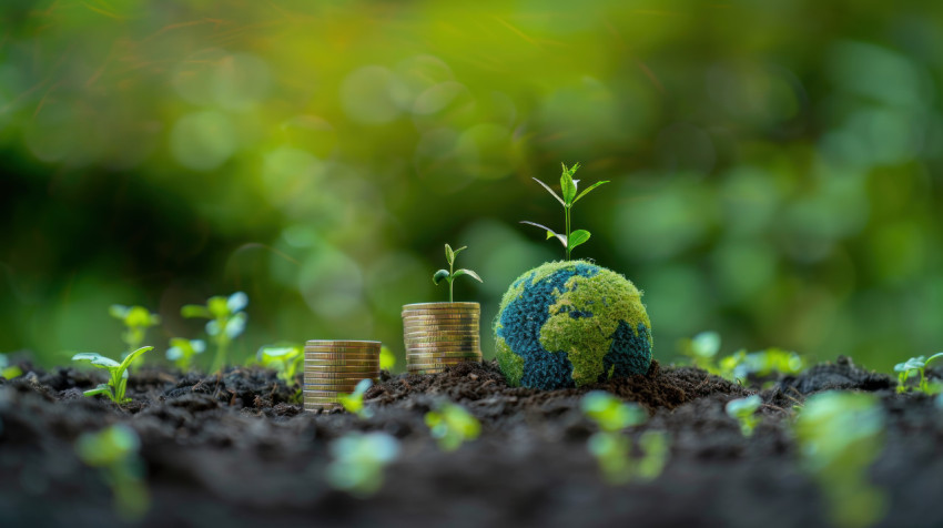 Green Earth and coins with a growing plant on top sustainability concept