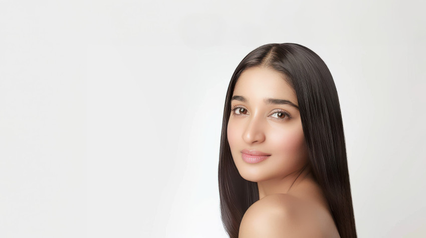 Indian woman with straight shoulder length hair against a white background