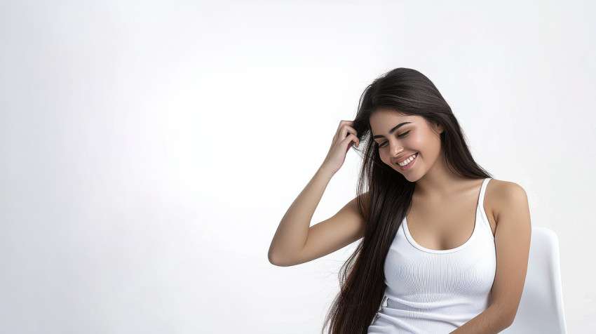 A beautiful woman sitting on a white chair massaging her hair isolated background