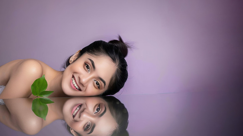 Beautiful woman with smiling face lying on table holding a green leaf near her cheek skincare routine