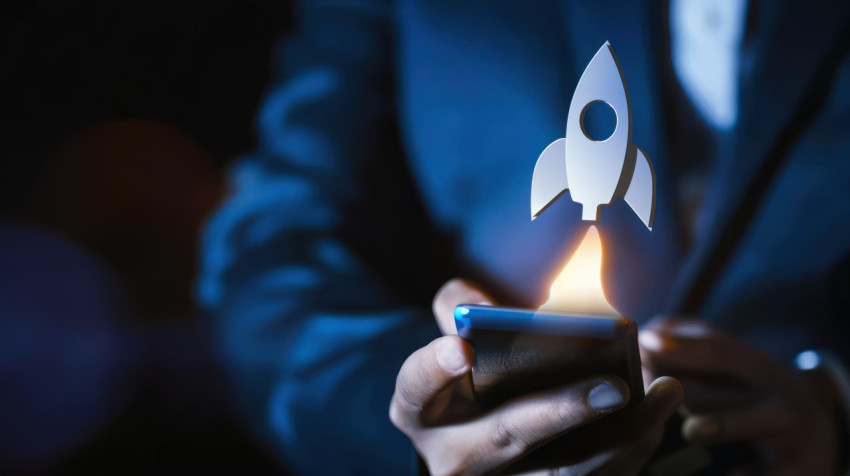 Businessman holding phone showing rocket icon launching on the screen symbolizing business startup