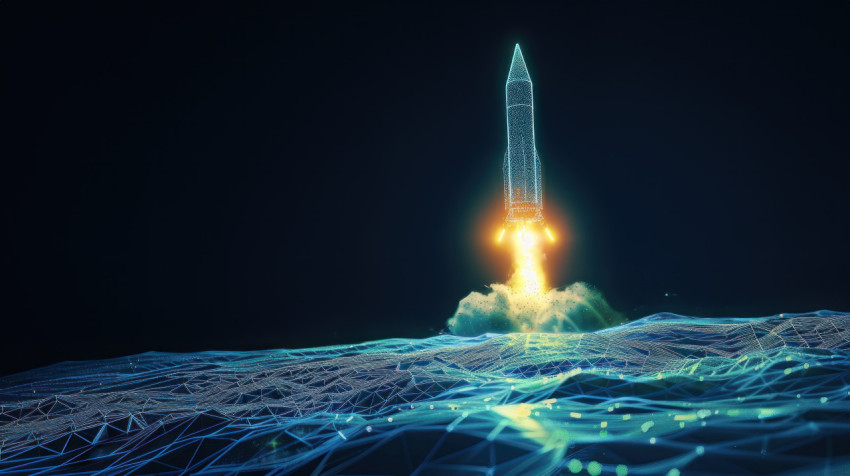 Glowing rocket launching into space on digital background representing business startup