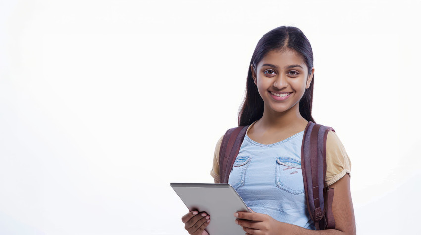 Indian student woman smiling while holding tablet and backpack isolated on a white background