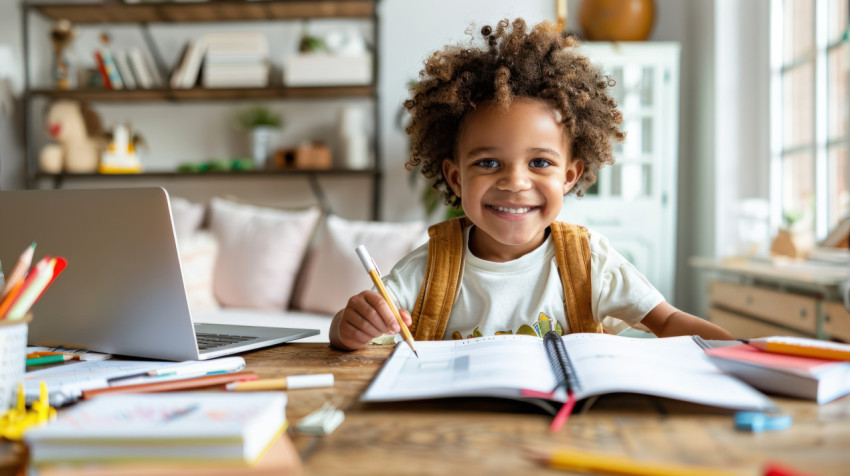 A child smiling while holding an open notebook and pen at table engaged in learning and education