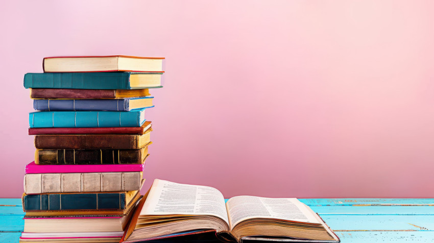 Stack of books on table with an open book in front set against pink background