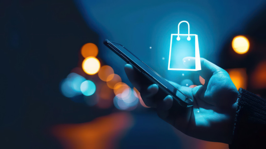 Hand holding mobile phone with glowing shopping bag icon showing online shopping