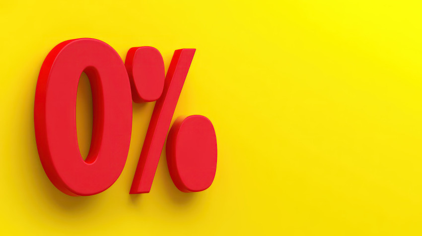 3d red bold text 0% on a yellow background representing sales and offers