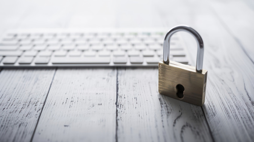 Padlock and computer keyboard on a white wooden table safety concept